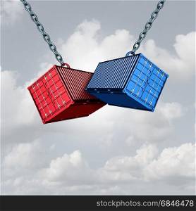 Trade war concept and economic conflict metaphor as two cargo freight shipping containers crashing into each other as a financial commerce symbol with 3D illustration.
