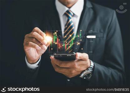 Trader investor analyzing stock market trends and price movements on smartphone screen. Successful online trading and financial strategy for maximizing profits. Technical price graph and indicator