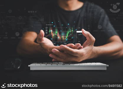 Trader or investor man presents a hologram of a growing stock chart on his palm in a close-up. Stock market data analysis, strategic planning, and business growth concepts. Empower your success.