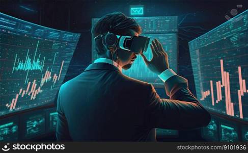 Trader using a virtual reality headset to access a futuristic trading platform. Generative AI.. Trader using a virtual reality headset to access a futuristic trading platform. Generative AI
