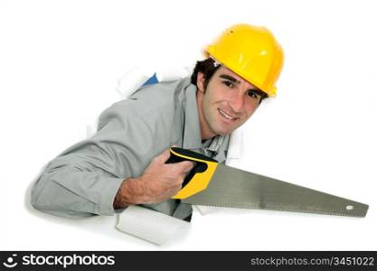 Tradesman holding a crosscut saw