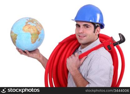 Tradesman holding a globe