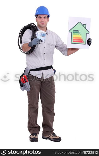 Tradesman holding a wad of money and an energy efficiency rating sign