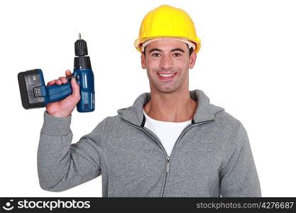 Tradesman holding up a screw gun