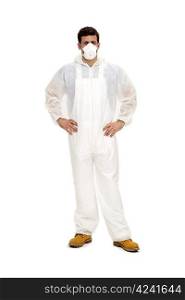 Tradesman in white overalls and face mask