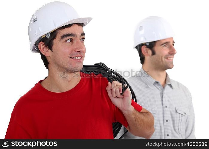 Tradesmen looking sideways