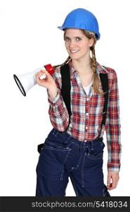 Tradeswoman holding a megaphone