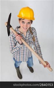Tradeswoman holding a pickaxe