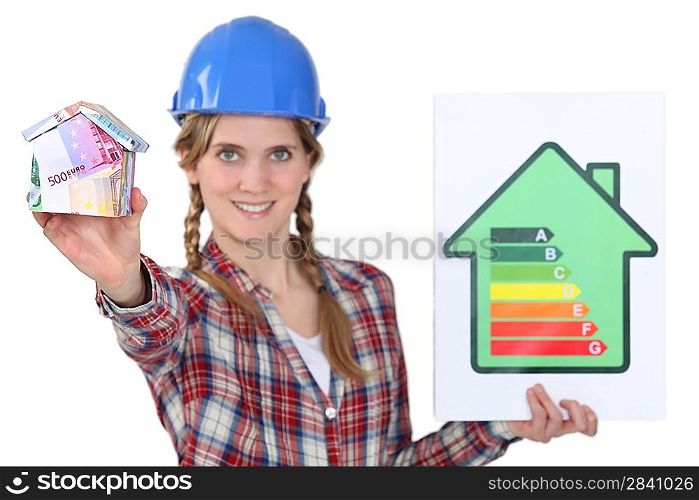 Tradeswoman holding efficiency rating sign
