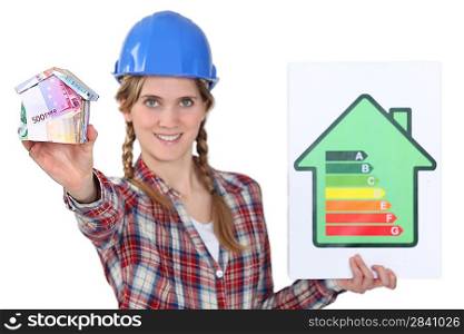 Tradeswoman holding efficiency rating sign