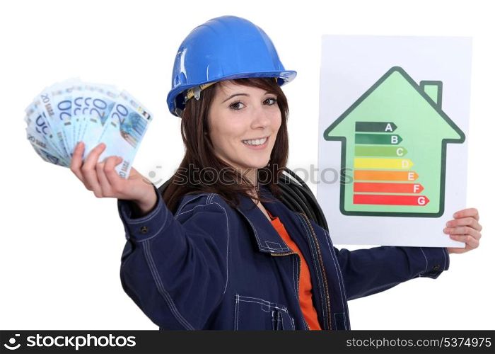 Tradeswoman holding up an energy efficiency rating chart and a wad of money