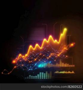 Trading business chart on dark colorful neon background. Financial stock market graph on technology abstract background. Generative AI. Trading business chart on dark colorful neon background. Generative AI