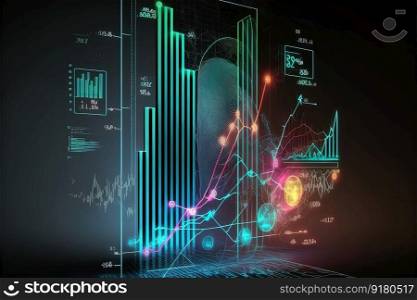 Trading business chart on dark colorful neon background. Financial stock market graph on technology abstract background. AI. Trading business chart on dark colorful neon background. AI