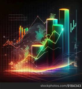 Trading business green economy chart on dark colorful neon background. Financial stock market graph on technology abstract background. AI. CGreen economy chart on dark colorful neon background. AI