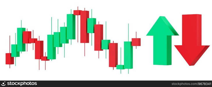 Trading chart, green and red arrows isolated on white background. Stock trade data on graph with japanese sticks. Financial diagram with assets values moving up and down. Cut out elements. 3D. Trading chart, green and red arrows isolated on white background. Stock trade data on graph with japanese sticks. Financial diagram with assets values moving up and down. Cut out elements. 3D.