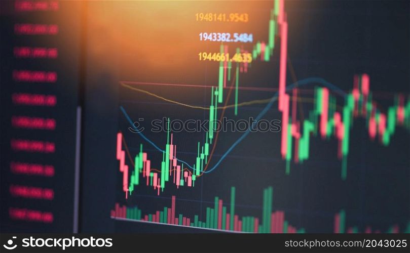 Trading crypto currency technical price candlestick with indicator on chart screen, Stock trad graphic design for financial investment trade, Forex graph business or Stock graph chart market exchange