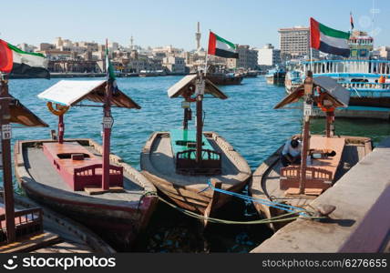 Traditional Abra ferries at the creek in Dubai, United Arab Emirates