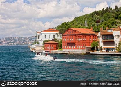 Traditional and modern mansions on the Bosporus Strait waterside in Kanlica, Turkey
