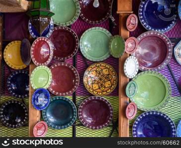 Traditional arabic handcrafted, colorful decorated plates.