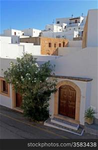 Traditional architecture in the streets and backalleys of Lindos in Rhodes Greece