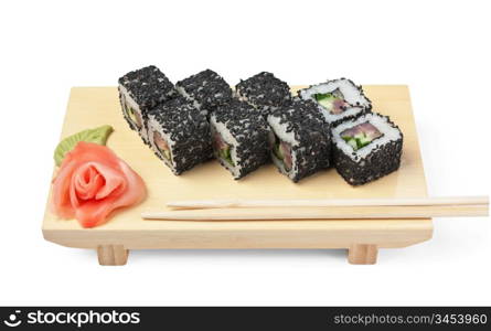 Traditional Asian food sushi on wooden plate isolated on white background