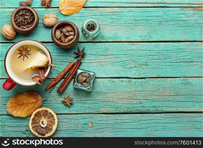 Traditional autumn alcoholic drink.Warm pear mulled wine.Pear wine with spices.Copy space. Hot pear wine.