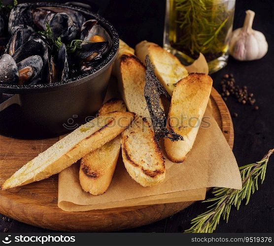 Traditional barbecue italian blue mussel in wine sauce with baguette bread