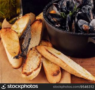 Traditional barbecue italian blue mussel in wine sauce with baguette bread