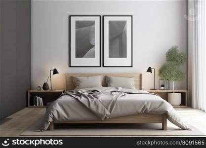 Traditional bedroom design with a mockup frame on the wall, creating a cozy and inviting atmosphere. AI Generative.