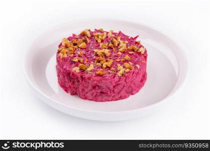 Traditional Beetroot salad with nuts on plate