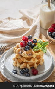 Traditional Belgian waffles with fresh raspberries and blueberries sprinkled with powdered sugar on the kitchen counter.