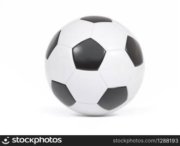 Traditional black and white soccer ball or football on a white background with small drop shadow and copy space