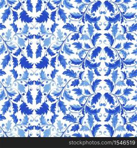 Traditional Blue Portuguese Tile Azulejo Ornament, Seamless Pattern with Antique Acanthus Leaves, Curls and Stylized Majolica Foliage.. Traditional Portuguese Tile Azulejo Seamless Pattern