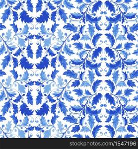 Traditional Blue Portuguese Tile Azulejo Ornament, Vector Seamless Pattern with Leaves, Curls and Stylized Foliage.. Traditional Portuguese Tile Azulejo Seamless Pattern