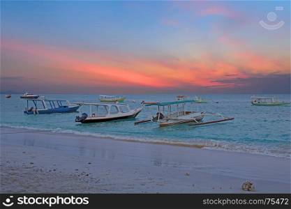 Traditional boats on Gili Meno beach in Indonesia, Asia