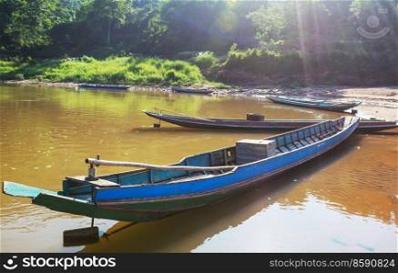 Traditional Boats on Mekong river  in Laos