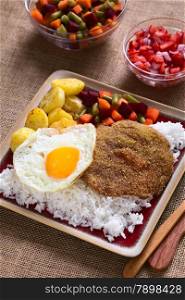Traditional Bolivian dish called Silpancho, which is the name of the breaded flat, round piece of beef meat, served with fried egg, rice, fried potatoes, and vegetables (carrot, bean, beetroot), photographed with natural light (Selective Focus, Focus one third into the dish)