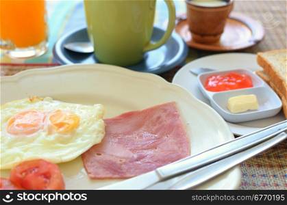 traditional breakfast with bacon and eggs