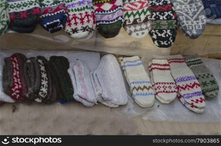 Traditional bulgarian colourful wool bootee and stocking knitted by hand