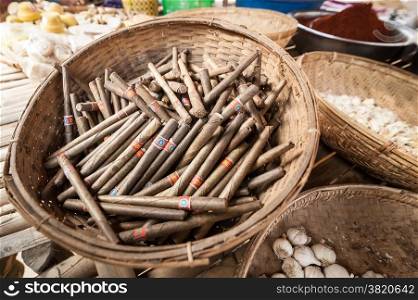 Traditional Burmese hand rolled cigars at marketplace. Bagan, Myanmar