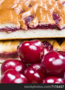 traditional cherry cake made from wheat flour and berries of red cherry jam, cut into pieces. traditional cherry cake