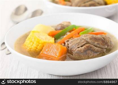 Traditional Chilean Cazuela de Vacuno or Cazuela de Carne, a beef soup with potato, corn, pumpkin, carrot, bell pepper, onion and rice, photographed with natural light (Selective Focus, Focus on the front of the meat and the pumpkin). Chilean Cazuela de Vacuno or Carne, Beef Soup