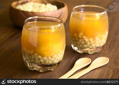 Traditional Chilean summer drink called Mote con Huesillo, made of dried peaches (huesillo), cooked husked wheat (mote), cinnamon and sugar, photographed on dark wood with natural light (Selective Focus, Focus on the front of the first drink)