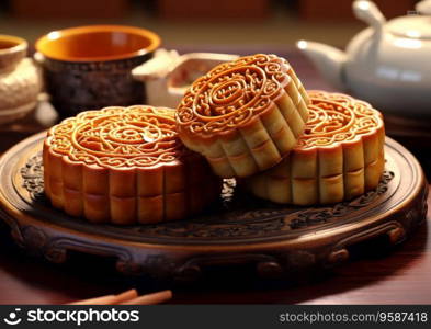 Traditional chinese mooncake sweet pastry on table.AI Generative