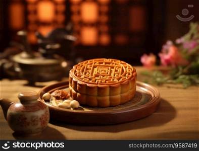 Traditional chinese mooncake sweet pastry on table with tea.AI Generative