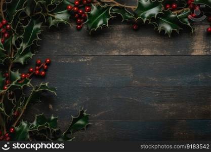 traditional christmas border with holly and mistletoe, created with generative ai. traditional christmas border with holly and mistletoe