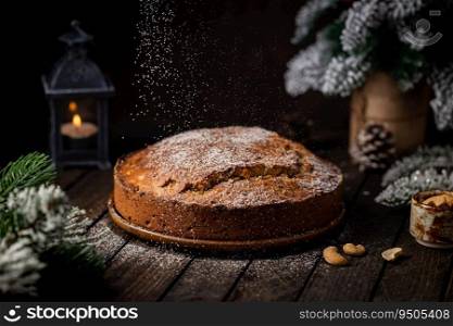 Traditional Christmas cake pudding with fruits and nuts with Christmas decorations, dark background. Traditional Christmas cake