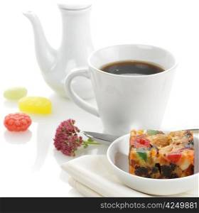 Traditional Christmas Fruit Cake With Cup Of Tea Or Coffee
