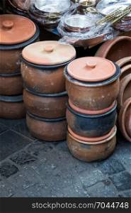 Traditional clay pottery in the market for sale in Istanbul in Turkey