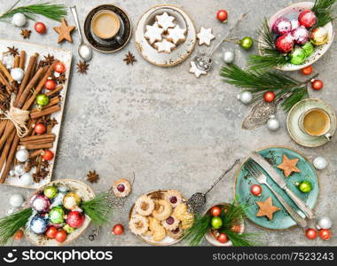 Traditional cookies and coffee. Christmas table decoration. Still life. Top view